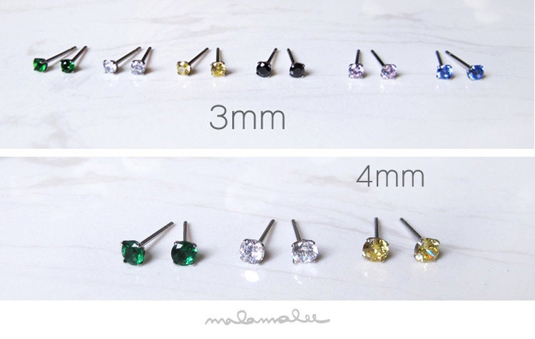 3mm, 4mm, CZ stud earrings, beautiful earrings, minimalist earrings, Hypoallergenic earrings, Surgical steel earrings,