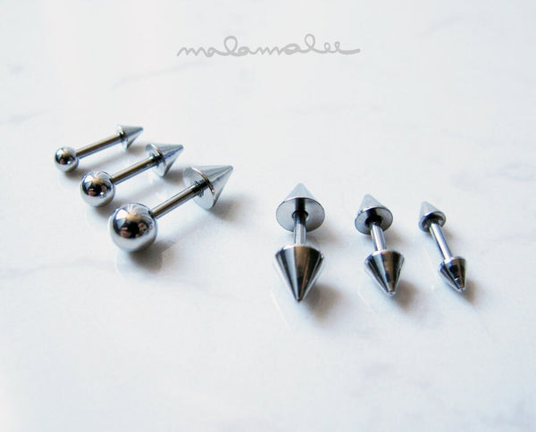 Set of 3, Spike earrings, surgical steel stud earring, Black earrings, titanium earrings, minimalist earrings, cartilage helix earrings