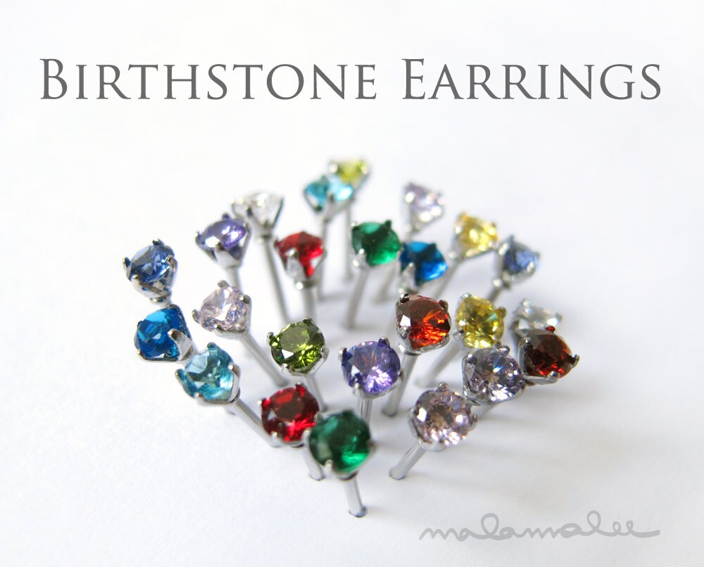 Birthstone Earrings, 3mm, 4mm, CZ stud earrings, Hypoallergenic earrings, Surgical steel earrings, Titanium earrings, minimalist earrings,
