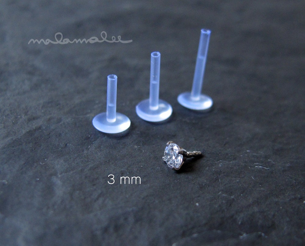 2, 3, 4mm sparkly CZ Push-In, Flat Back earrings, Flexible  Bioplast post, Hypoallergenic stud, Nose, Ear Piercing, nose ring