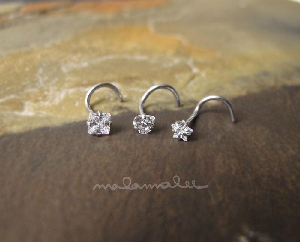 3mm Square, Heart, Star Nose Ring Stud, 20G, CZ Star nose stud, Surgical Steel nose stud, AAA Cubic Zirconia, cz nose stud, Screw nose stud