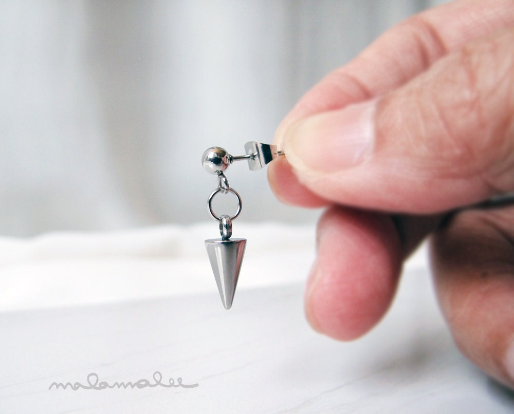 Stud Earrings with Dangling Spike, Stainless steel Drop earrings, Men's Drop earrings. Dangle Earrings with Spike