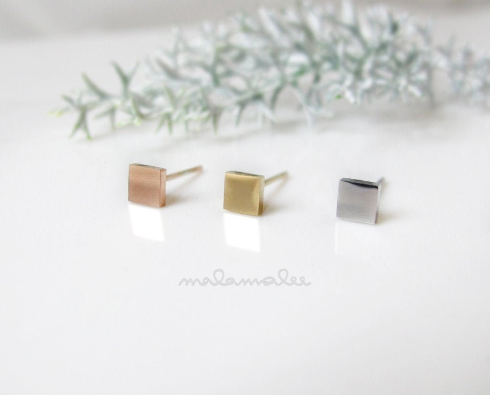 Small Square stud earrings, Tiny square Minimalist Earrings, Hypoallergenic earrings, Surgical steel earrings, silver gold, rose gold