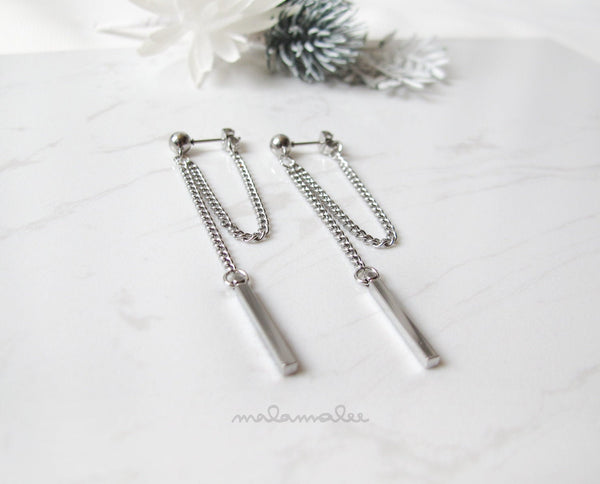 Stud Earrings with Dangling Bar and Chain, Stainless steel Drop earrings, Unisex Drop earrings. Drop Bar Earrings, Men's Dangle Earrings