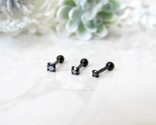 Tiny 2, 2.5, 3mm BLACK Stone Ear Piercing, 16G Cartilage, conch, helix stud, Surgical Steel, minimalist earrings, Black Stud earrings