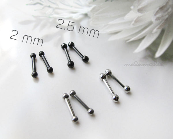 Teeny Tiny Surgical Steel Stud Earring, 2mm, 2.5mm Ball Earrings, 16G Screw Back, Black earrings, cartilage earring, minimalist earrings,
