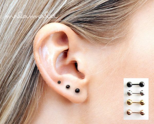 Set of 3, Surgical steel stud earring, Black earrings, Helix earring, Cartilage piercing, Tragus, titanium earrings, minimalist earrings