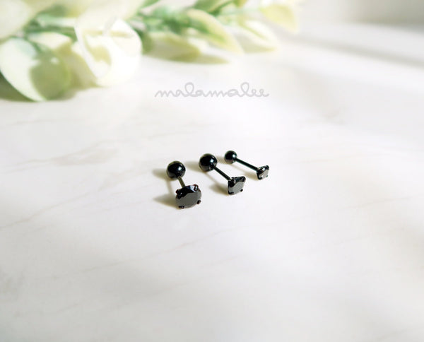 Set of 3, Sparkly Stone stud earring with screw ball back, Black earrings, silver, gold, rose gold minimalist earrings, cartilage, helix