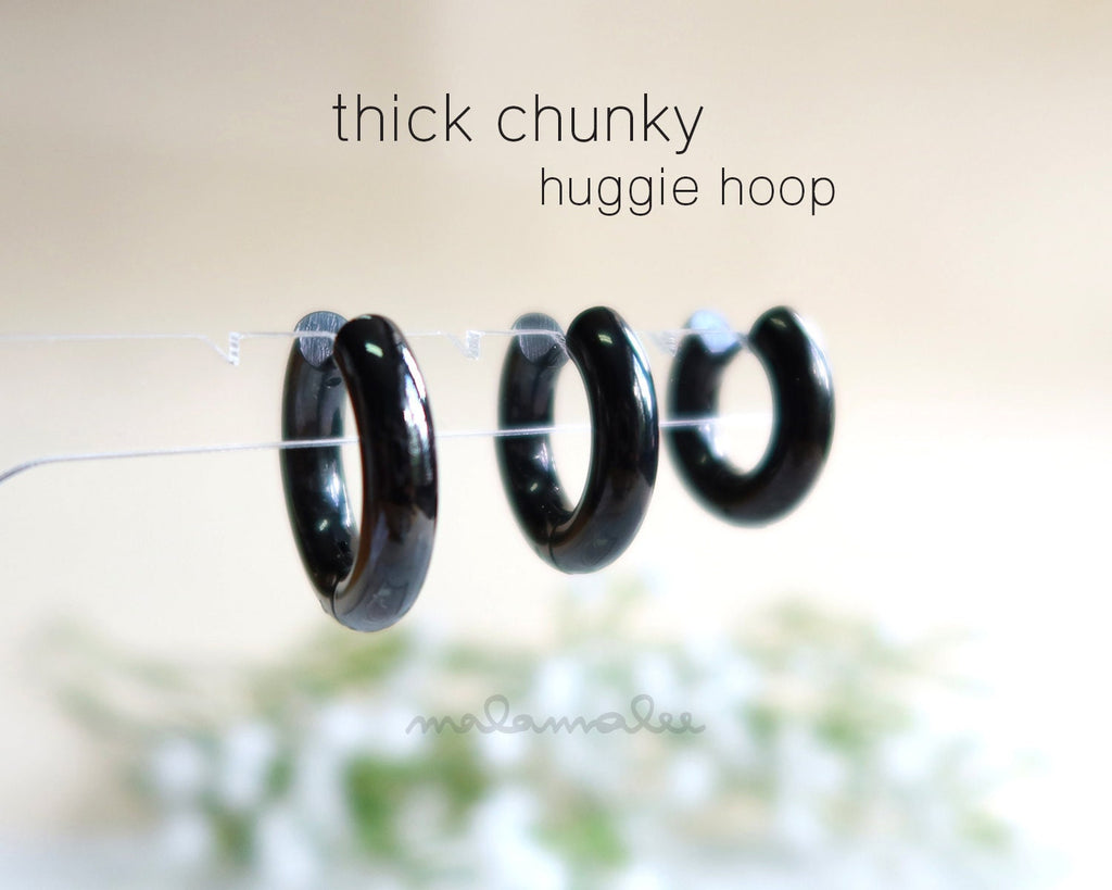 5mm Thick Chunky Huggie Hoop Earrings, Hinged Huggie Hoop Earrings, Chunky Gold hoops, Black Hoop Earrings, Mens Earrings