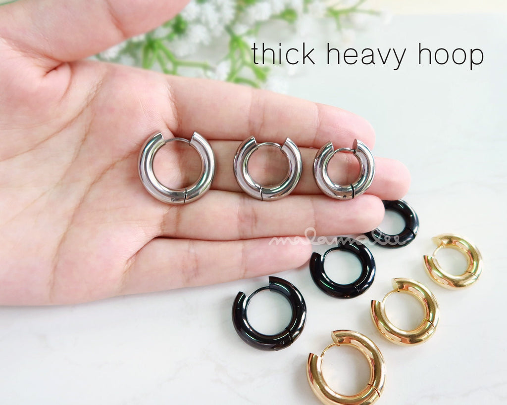 5mm Thick Chunky Hoops, Hinged Huggie Hoop Earrings, Black Hoop Earrings, Gold chunky hoops, Mens Earrings