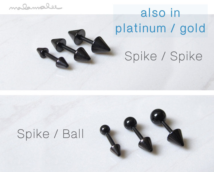 Set of 3, Spike earrings, surgical steel stud earring, Black earrings, titanium earrings, minimalist earrings, cartilage helix earrings