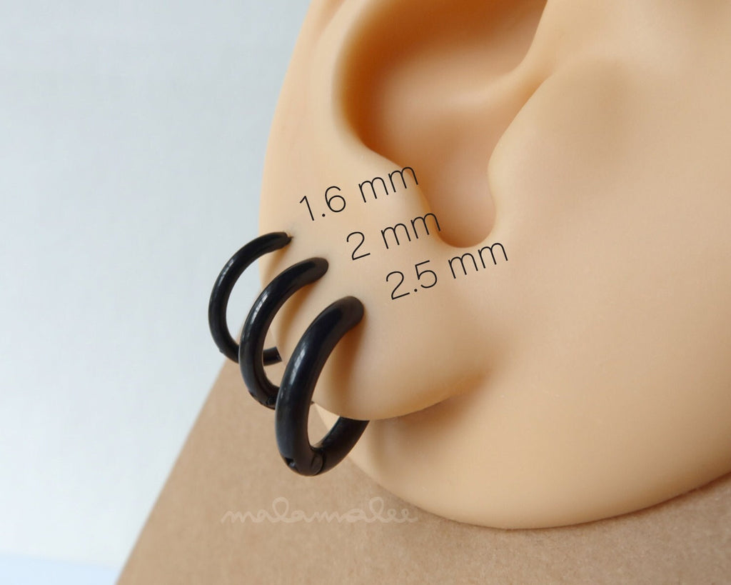 Black Round Huggie Hoop Earrings, 2.5 Mens Huggie Hoop, Hypoallergenic, Titanium earrings, Black Hoop earrings. Cartilage Conch hoop