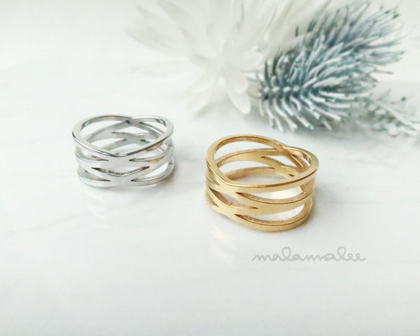 Double Criss Cross Ring, Stackable Ring, Boho Minimalist Ring, Knuckle Ring, Surgical Steel Ring, Gold ring stackable, Cross Gold Ring