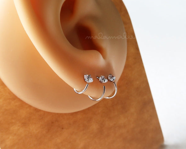 Tiny Huggie Hoop earrings with clear stones, 2mm, 3mm CZ Surgical steel hoops, Silver, Gold, Minimalist earrings, Cartilage earring, sleeper