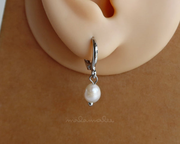 Small Hoop Earring with Dangling White Pearl Drop, Bridal Earrings, Bridesmaid Earrings, Freshwater Pearl Hoop Earrings, Pearl Drop Earrings