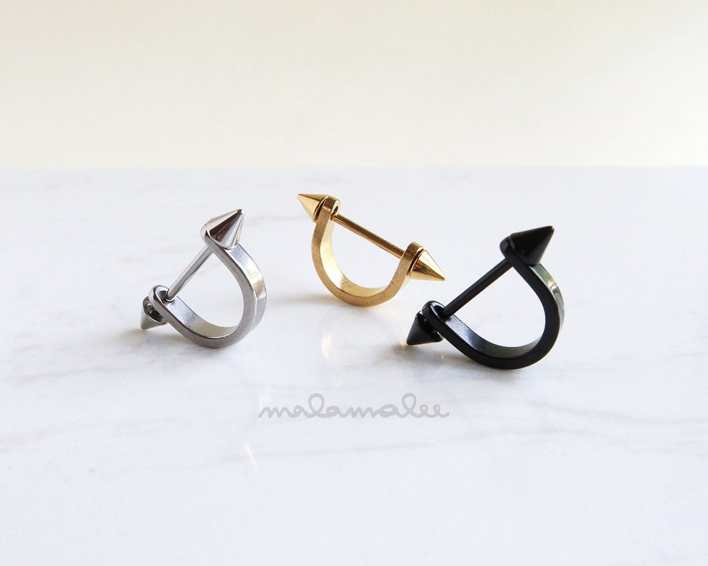Flat U-Shape Cartilage Barbell Hoop Earrings with Spike Ends, Huggie Hoops, Helix Hoop, Surgical Steel, Men's Hoop Earrings