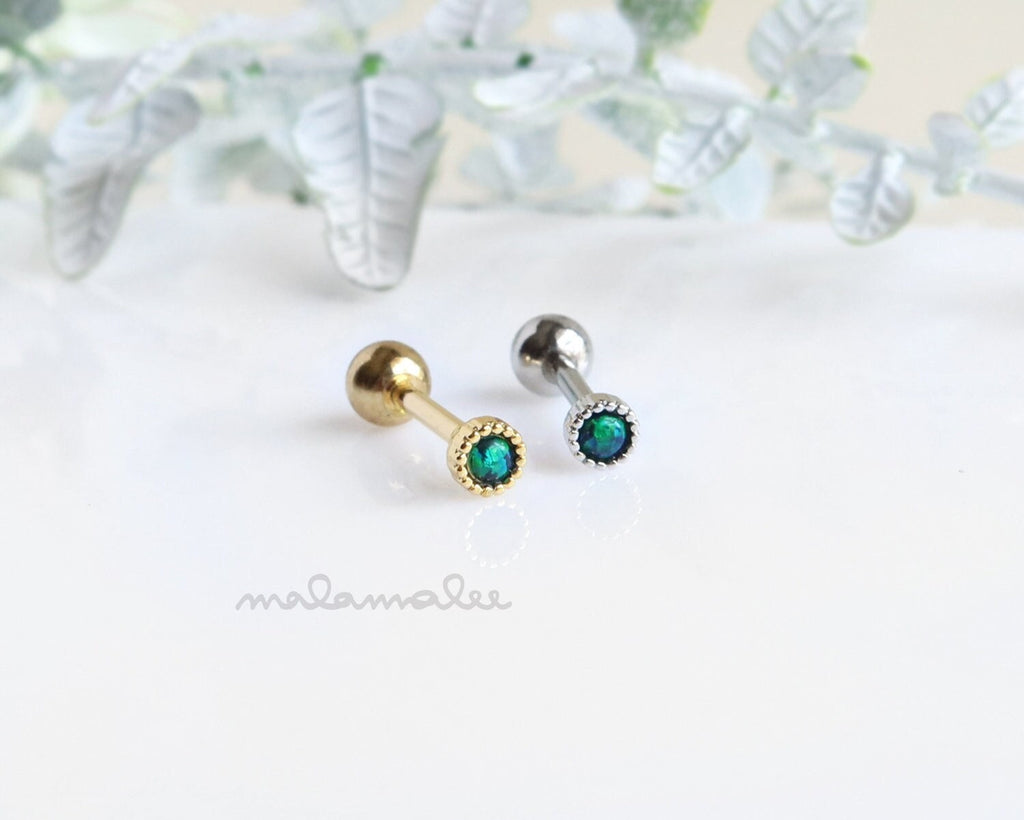 Tiny Green Opal Earrings with screw backs, Titanium Earrings, 16G Labret, Cartilage earring, Cartilage piercing,Tragus, Helix earring, Conch