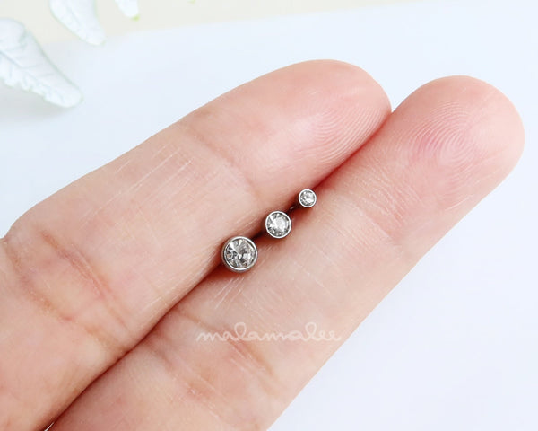 Set of 3, Tiny Sparkly CZ Set, Bezel setting, Push-In Threadless, Flat Back earrings, Cartilage piercing , Tragus earring, Conch, Helix