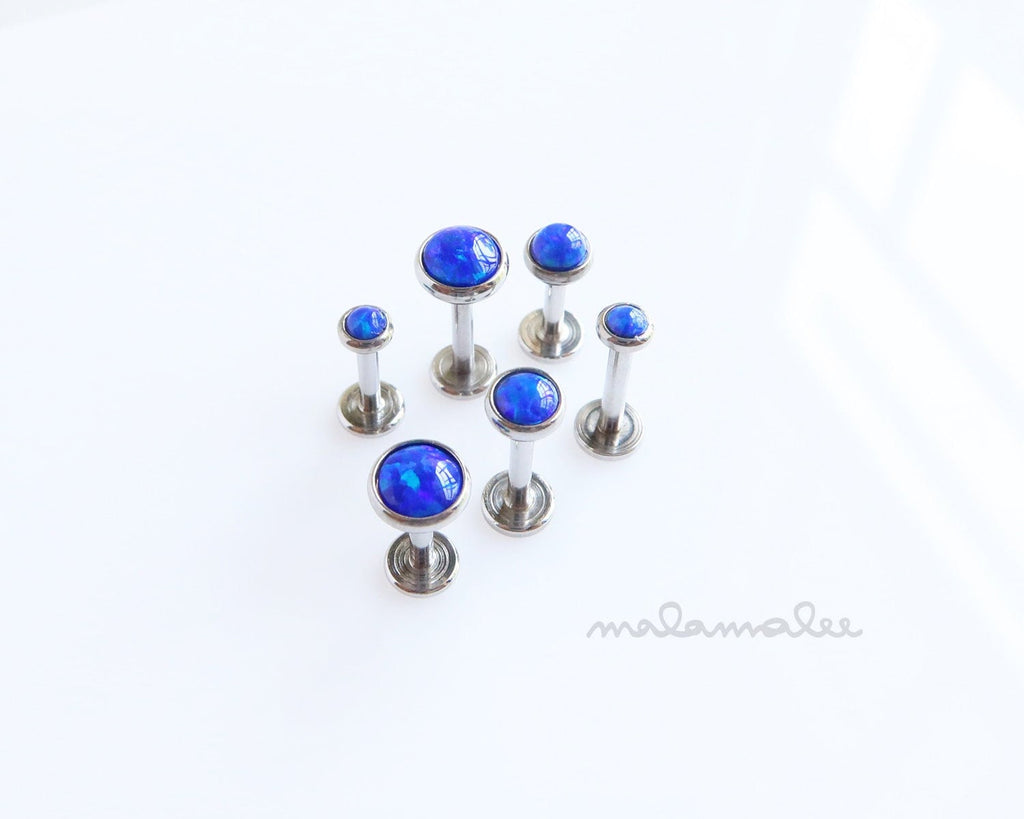 Set of 3, Blue Opal Internally Threaded Flat Back earrings, Titanium Earrings, 16G Labret, Cartilage earring, Tragus, Helix earring, Conch