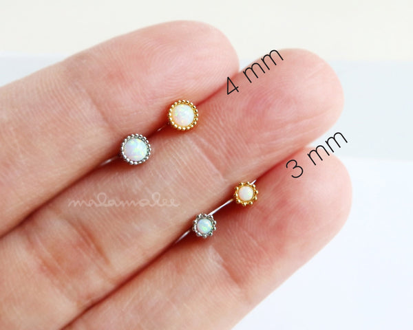Tiny White Opal Earrings with screw backs, Titanium Earrings, 16G Labret, Cartilage earring, Cartilage piercing,Tragus, Helix earring, Conch