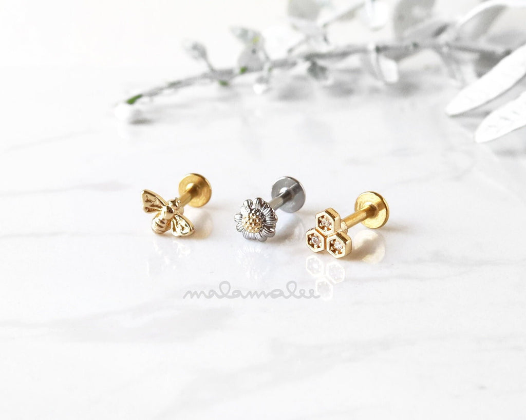 Tiny Bee / Flower / Beehive Earring Set, 18G Flat back earring, Ear piercing, Cartilage earring, Flower Helix earring, tragus, Conch earring