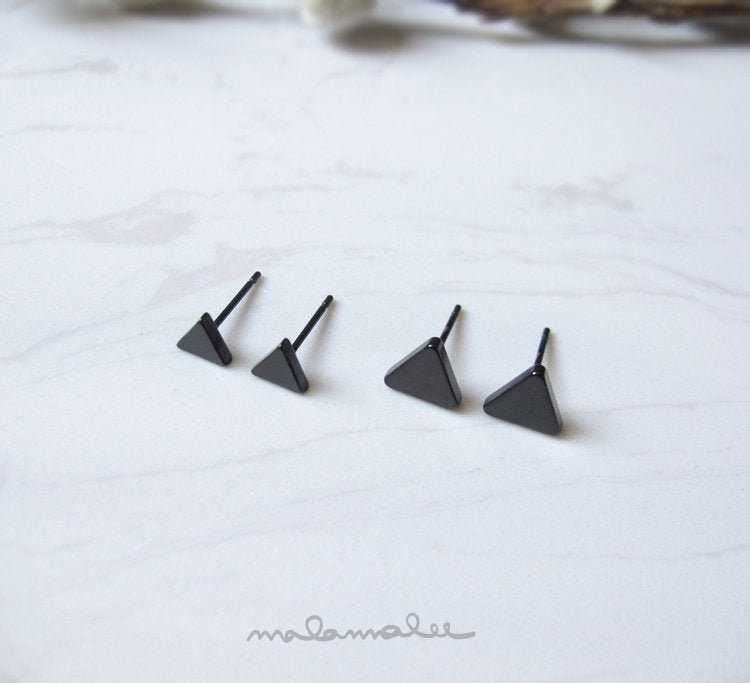 Black Triangle Stud Earrings, Surgical Steel stud earring, Titanium earrings, triangle stud mens earring, hypoallergenic, minimalist earring