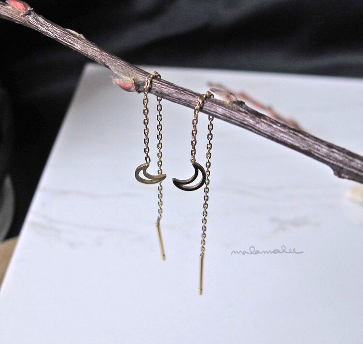 Moon drop threader earrings, Moon Dangling earrings, stainless steel dangling earrings, titanium earrings, minimalist earring, Chain earring