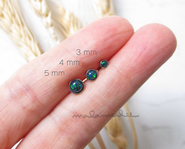 Set of 3, Green Opal Internally Threaded Flat Back earrings, Titanium Cartilage Earrings, 16G Labret, Tragus, Helix, Conch, Nose piercings,