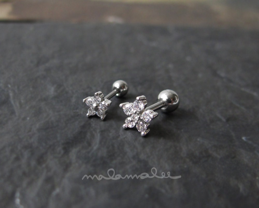 Tiny CZ Flower Piercing, Flower Stud CZ earrings, 20G, 16G Cartilage earrings, Minimalist earrings, Tiny Flower stud, Surgical Steel stud