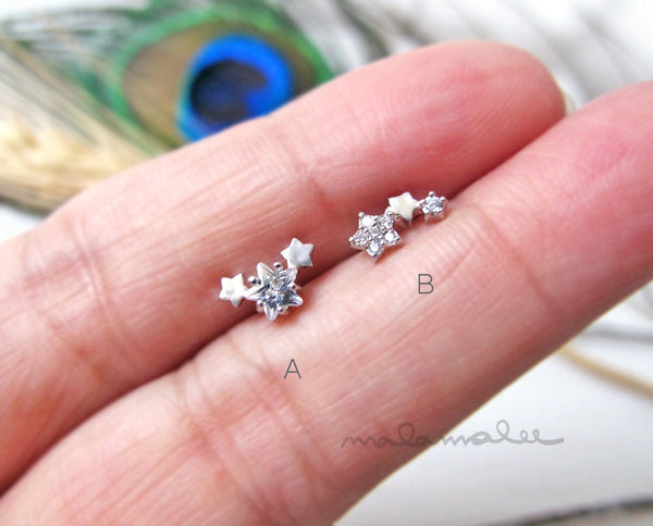 Triple Little Stars CZ stud Ear Piercing, 3 Star Stud earrings, 20G Cartilage earrings, Minimalist earrings, Tiny stars earrings,