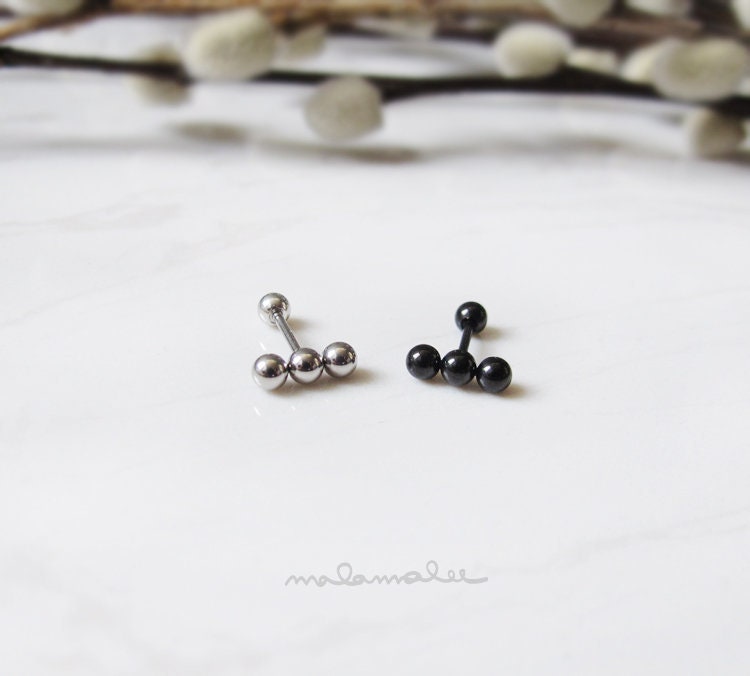 Triple Ball Cartilage earrings, Hypoallergenic earrings, surgical steel earring, titanium earrings, minimalist earrings, Black earring