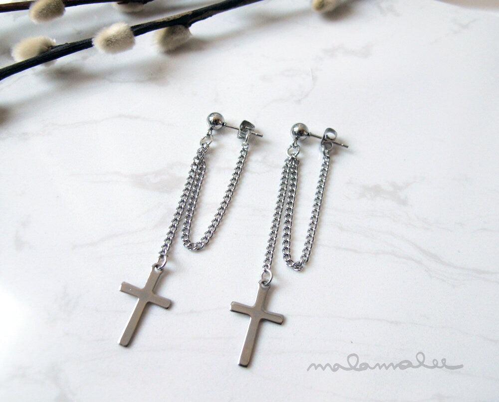 Stud Earrings with Dangling Cross and Chain, Stainless steel Drop earrings, Men's Drop earrings. Cross Earrings, Dangle Earrings with Cross