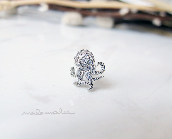 Mini Octopus Ear Piercing, Stud CZ earrings, 20G Cartilage earrings, Helix Piercing, Octopus diamond stud, Surgical Steel stud,