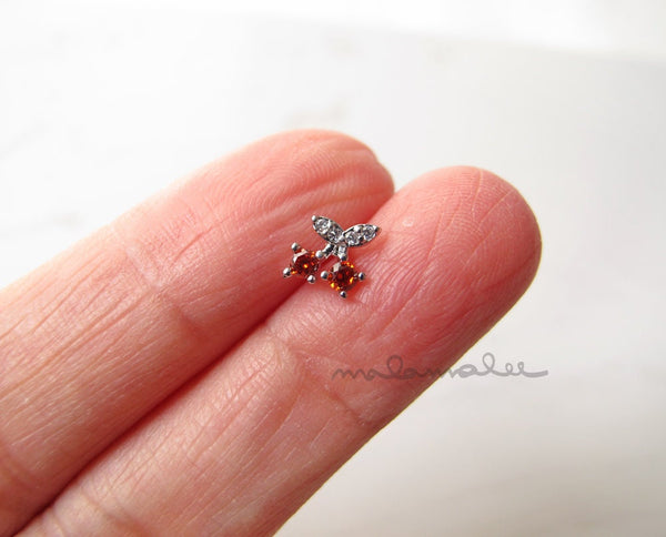 Red Cherry CZ stud Ear Piercing, CZ Stud earrings, 20G Cartilage earrings, Minimalist earrings, Surgical Steel, Tiny Cartilage earrings,