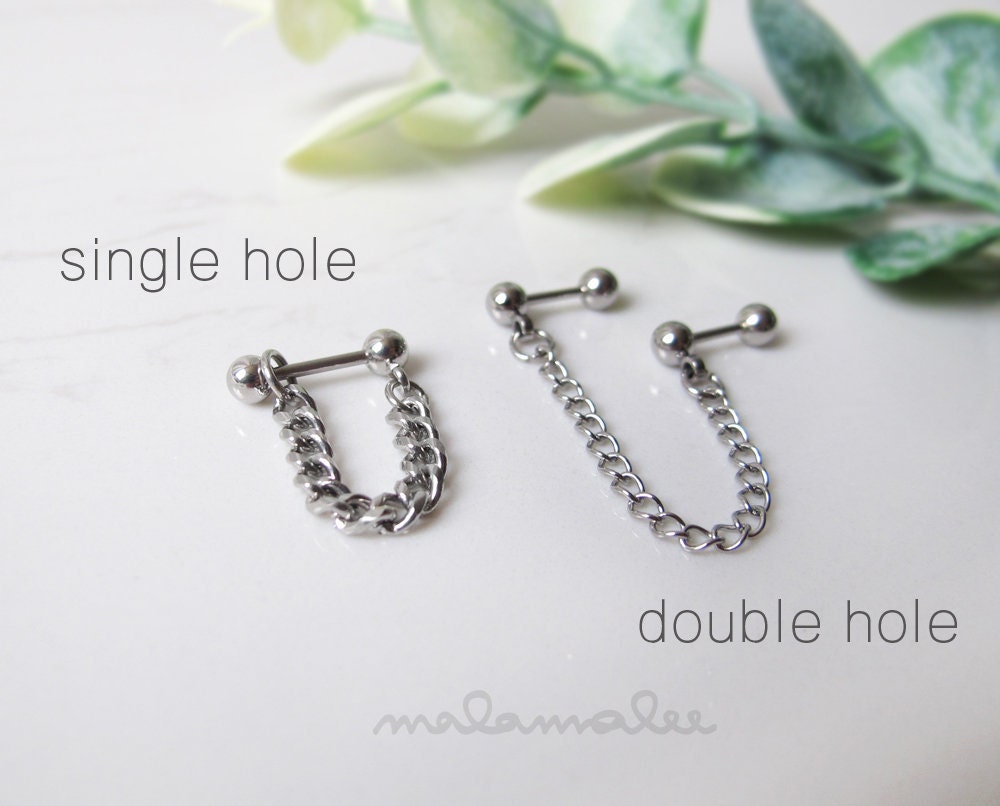 Single / Double Hole Stud Earrings with Dangling Chain, Stainless steel Drop earrings, Men's Drop earrings, Mens chain earrings