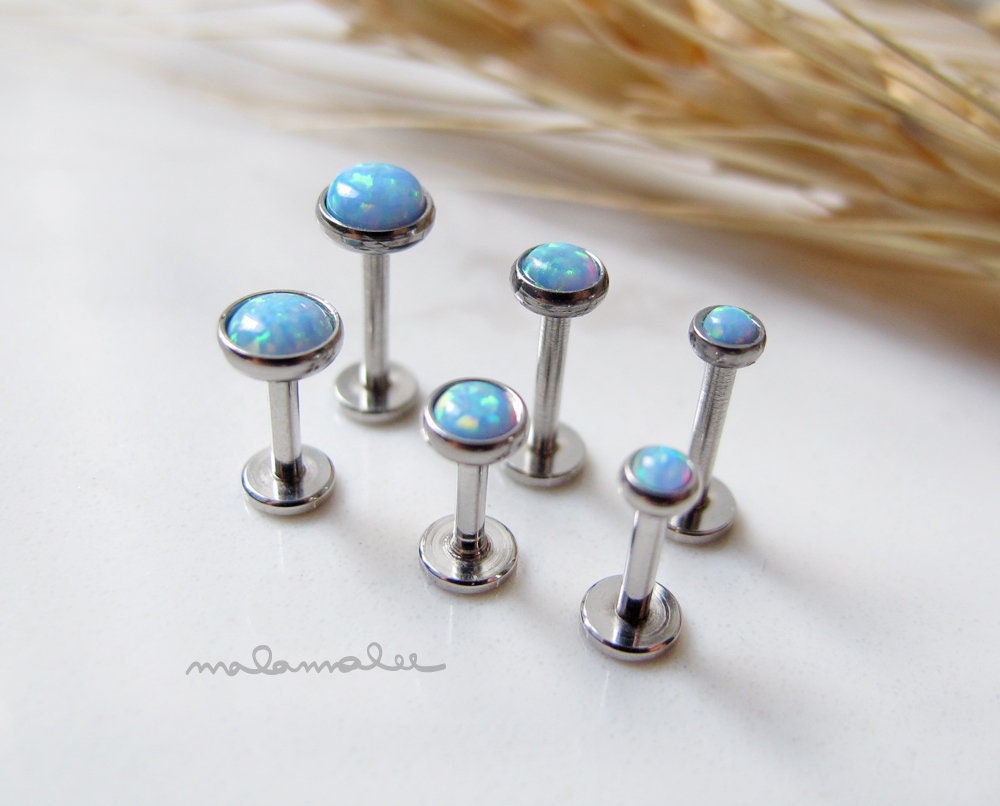 Set of 3, Light Blue Opal Internally Threaded Flat Back earrings, Titanium cartilage Earring, 3,4,5 mm, 16G Tragus, Helix, Conch piercing