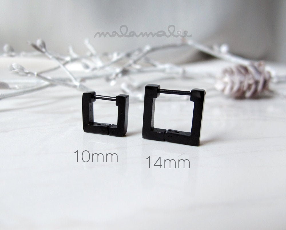 Mens Huggie Hoop, Black Square hoops, Surgical steel earrings, Hypoallergenic, Titanium earrings, Stainless steel earrings. Helix Hoop