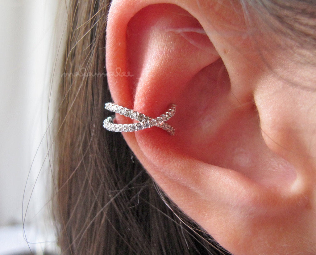 Non Pierced Crossed Bands CZ Ear Cuff, Huggie Ear Cuff, minimal ear cuff, dainty ear cuff, delicate ear cuff, Non Piercing Ear Cuff