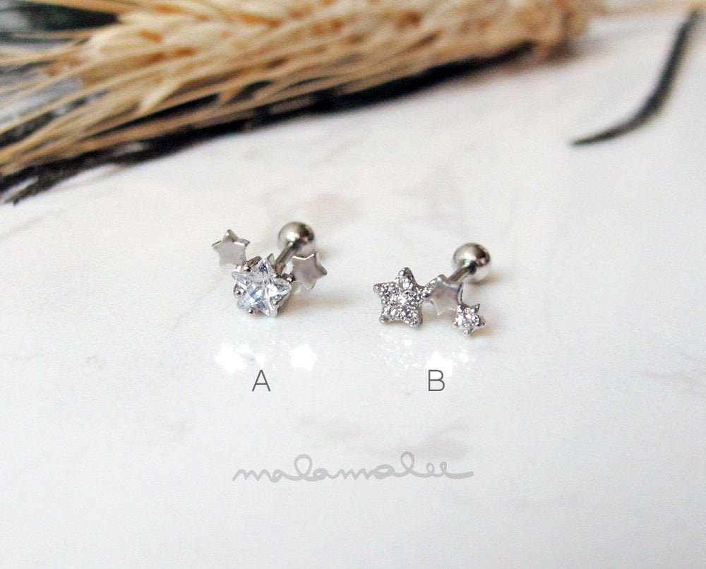 Triple Little Stars CZ stud Ear Piercing, 3 Star Stud earrings, 20G Cartilage earrings, Minimalist earrings, Tiny stars earrings,