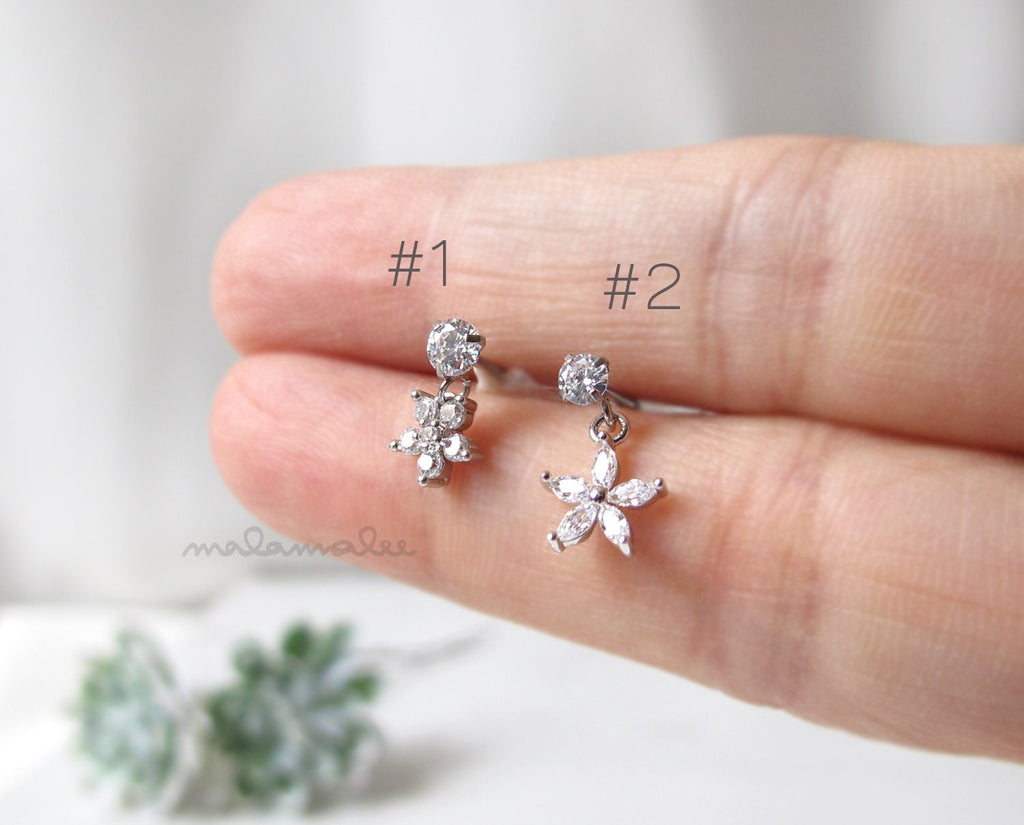 Dangle Mini Flower CZ Stud Ear Piercing, 20G Cartilage earrings, Helix, Minimalist earrings, Flower stud earrings, Surgical Steel earrings