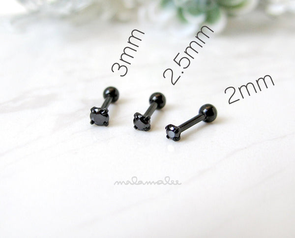 Tiny 2, 2.5, 3mm BLACK Stone Ear Piercing, 16G Cartilage, conch, helix stud, Surgical Steel, minimalist earrings, Black Stud earrings