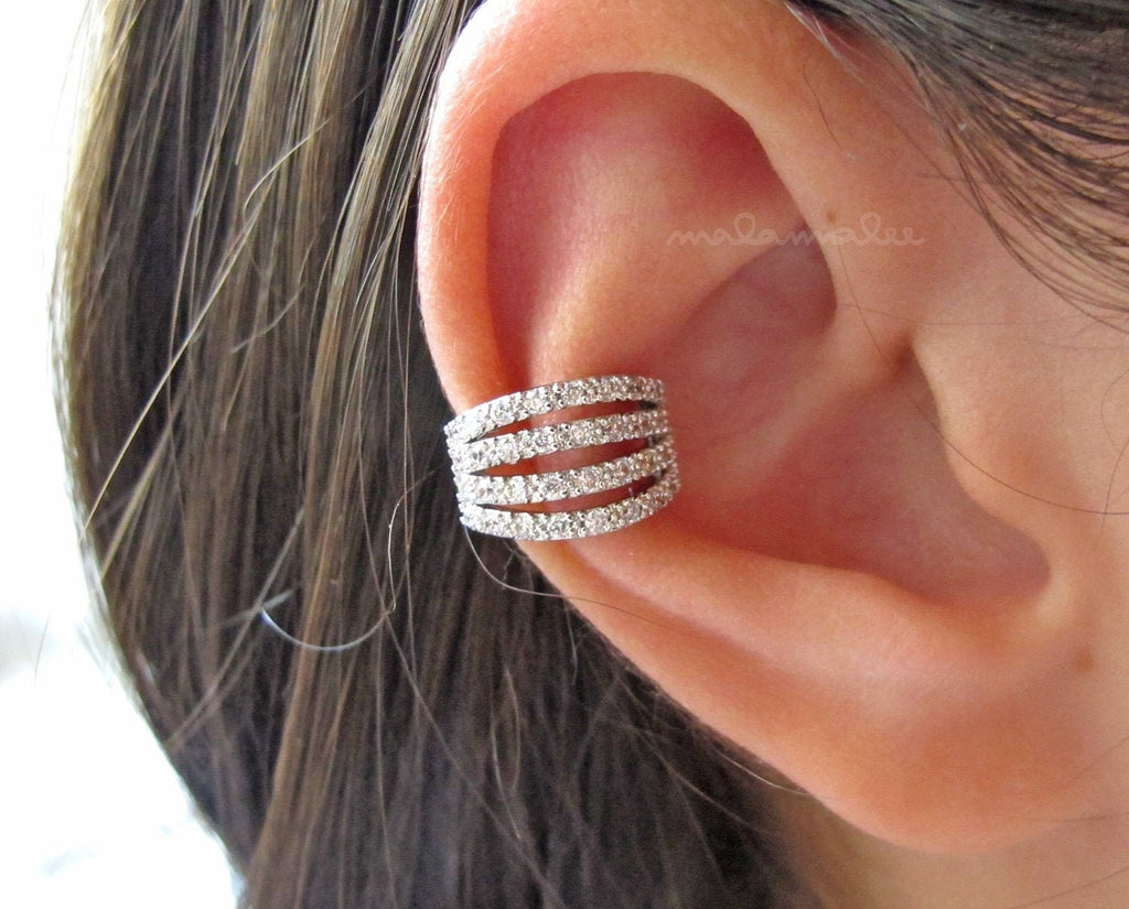 Non Pierced 4 Bands CZ Ear Cuff, Huggie Ear Cuff, minimal ear cuff, dainty ear cuff, delicate ear cuff, U-Shape Non Piercing Ear Cuff