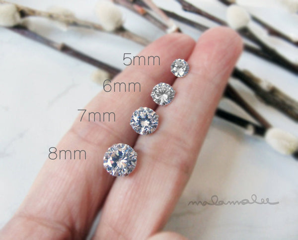 Large Sparkly CZ Stud Solitaire Earrings, 5, 6, 7, 8mm, Super Sparkly CZ Diamond Silver Earrings, Wedding Bridesmaid Earrings,