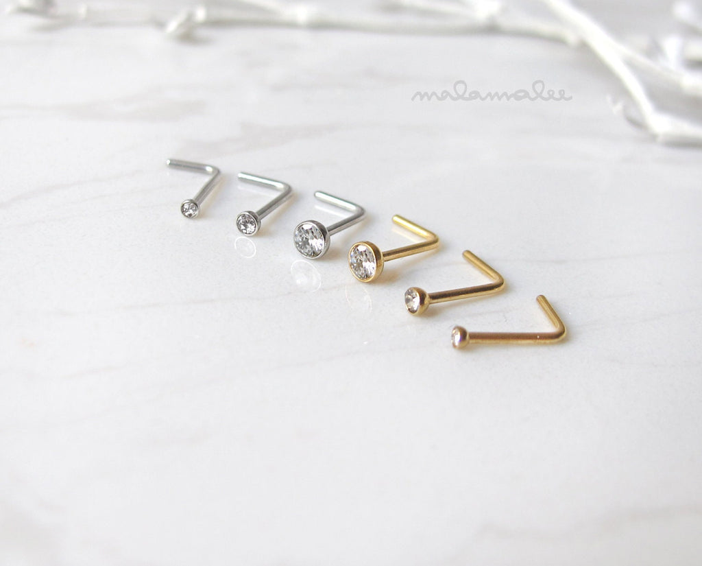 Tiny CZ Nose Stud, L-Post, 3 pc. set, 3, 2, 1.5mm, Silver, gold, tiny CZ nose stud, 20G, Surgical Steel nose stud, Minimalist jewelry