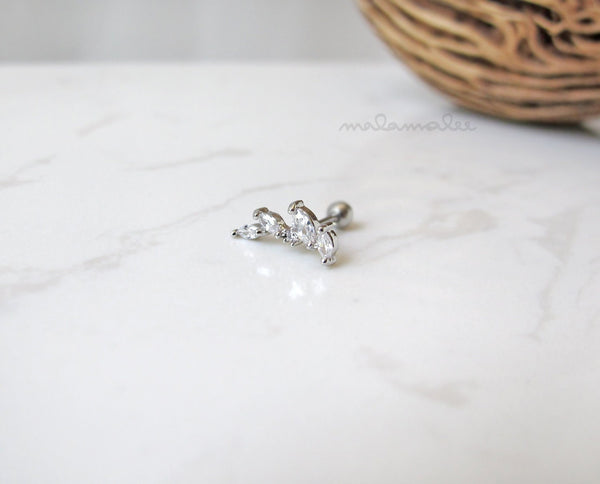 Curved CZ Leaves Ear Piercing Stud, CZ Stud Earrings, 20G Cartilage earrings, Minimalist earrings Tiny diamond stud earrings, Surgical Steel