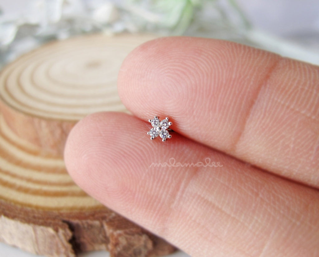 Tiny Minimalist 4 Stones CZ Ear Piercing, CZ Stud Earrings, 16G Cartilage earrings, Minimalist earrings, Tiny diamond stud earrings