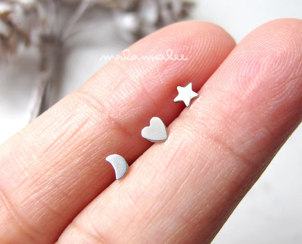 Tiny Moon, Star, Heart Internally Threaded Ear Piercing, 16G, Cartilage earring, conch, helix earring, Flat back minimalist earrings