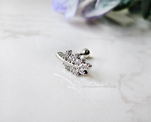 Sparkly Leaf Clear CZ Screw Back, 20G Cartilage earrings, Helix Piercing, plant leaf diamond stud, Surgical Steel stud,