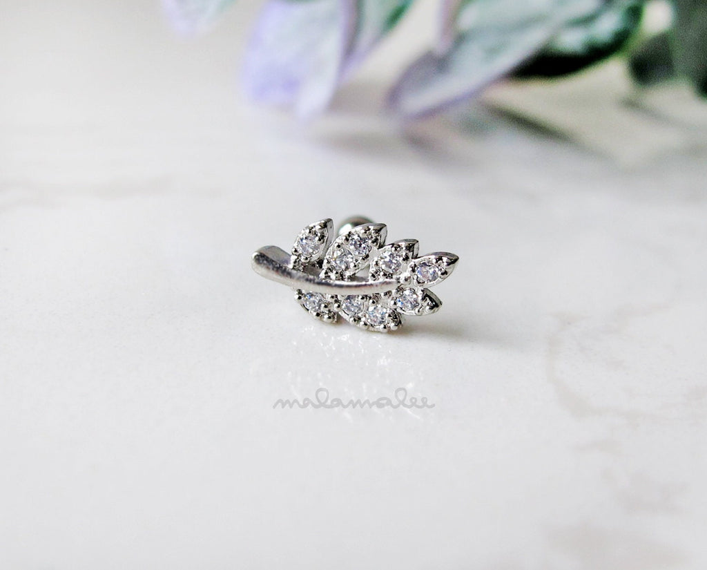 Sparkly Leaf Clear CZ Screw Back, 20G Cartilage earrings, Helix Piercing, plant leaf diamond stud, Surgical Steel stud,