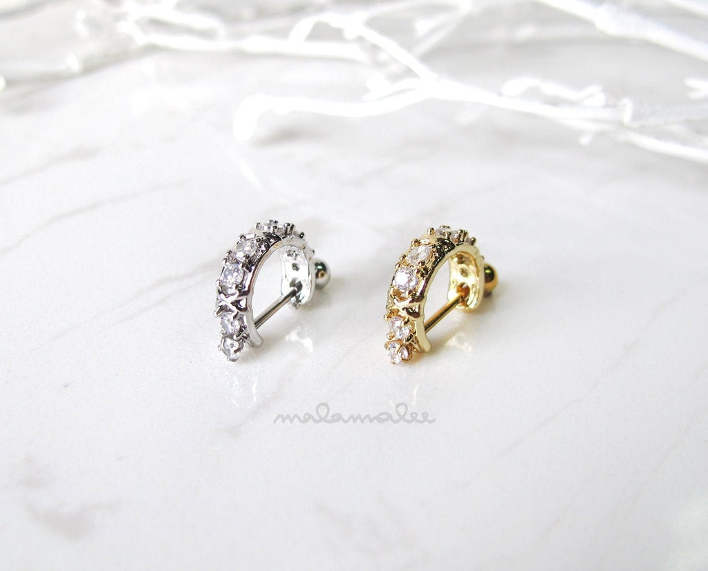 Cartilage Huggie Earrings with Clear Stones, 20G Barbell Hoop Earrings, Gold Silver Hoop earrings, Helix Hoop, Tragus Hoop, Surgical Steel